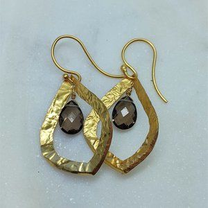 Gold Vermeil Earrings with Smoky Quartz Dangle Charm, 22K Gold on Sterli…
